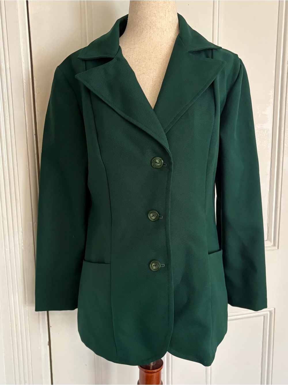 Vintage 70s Womens Green Blazer Jacket Wide Lapel Fitted Mod Disco Small